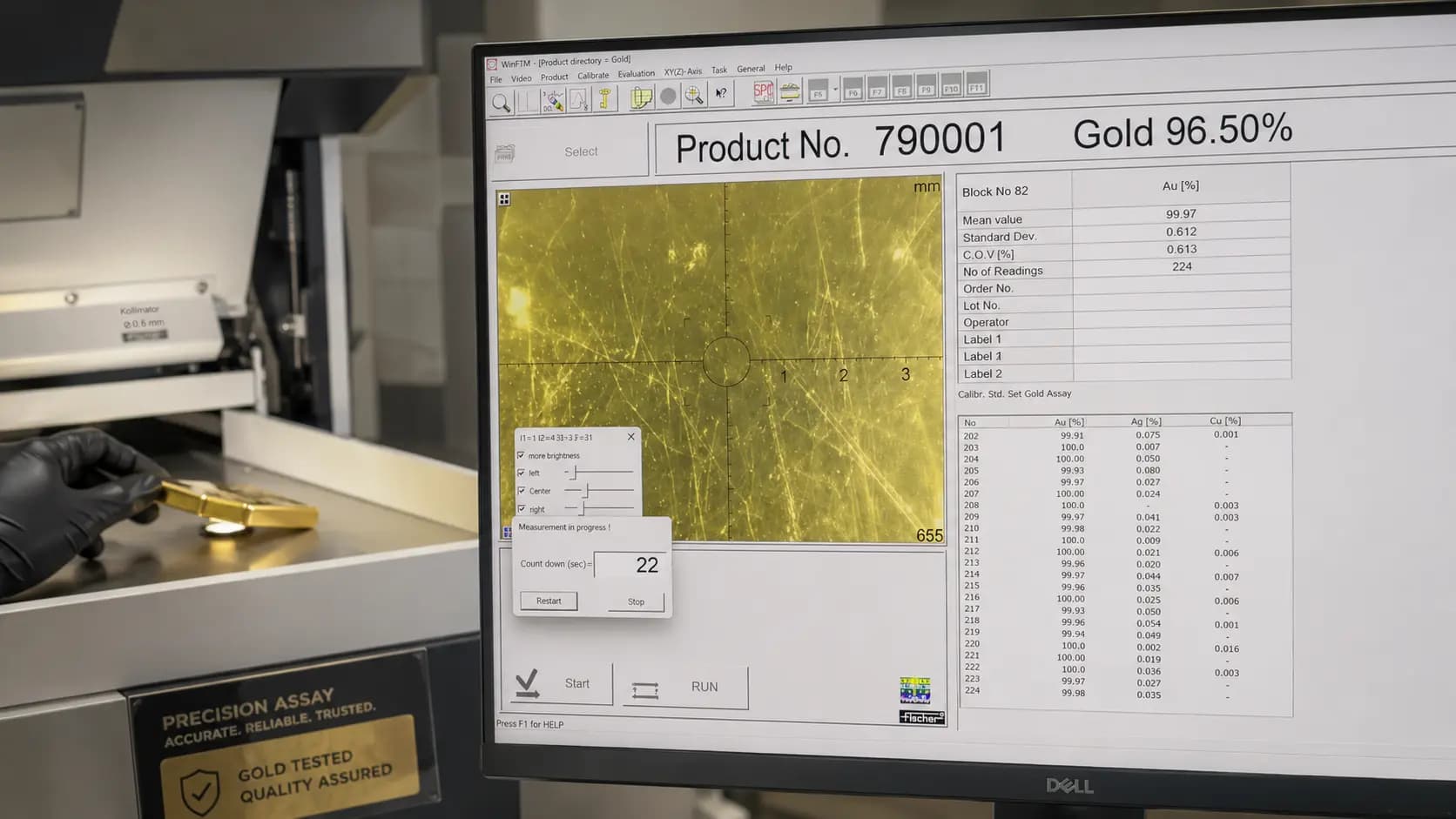 Assay laboratory — fire assay and X-ray verification, recorded end to end.